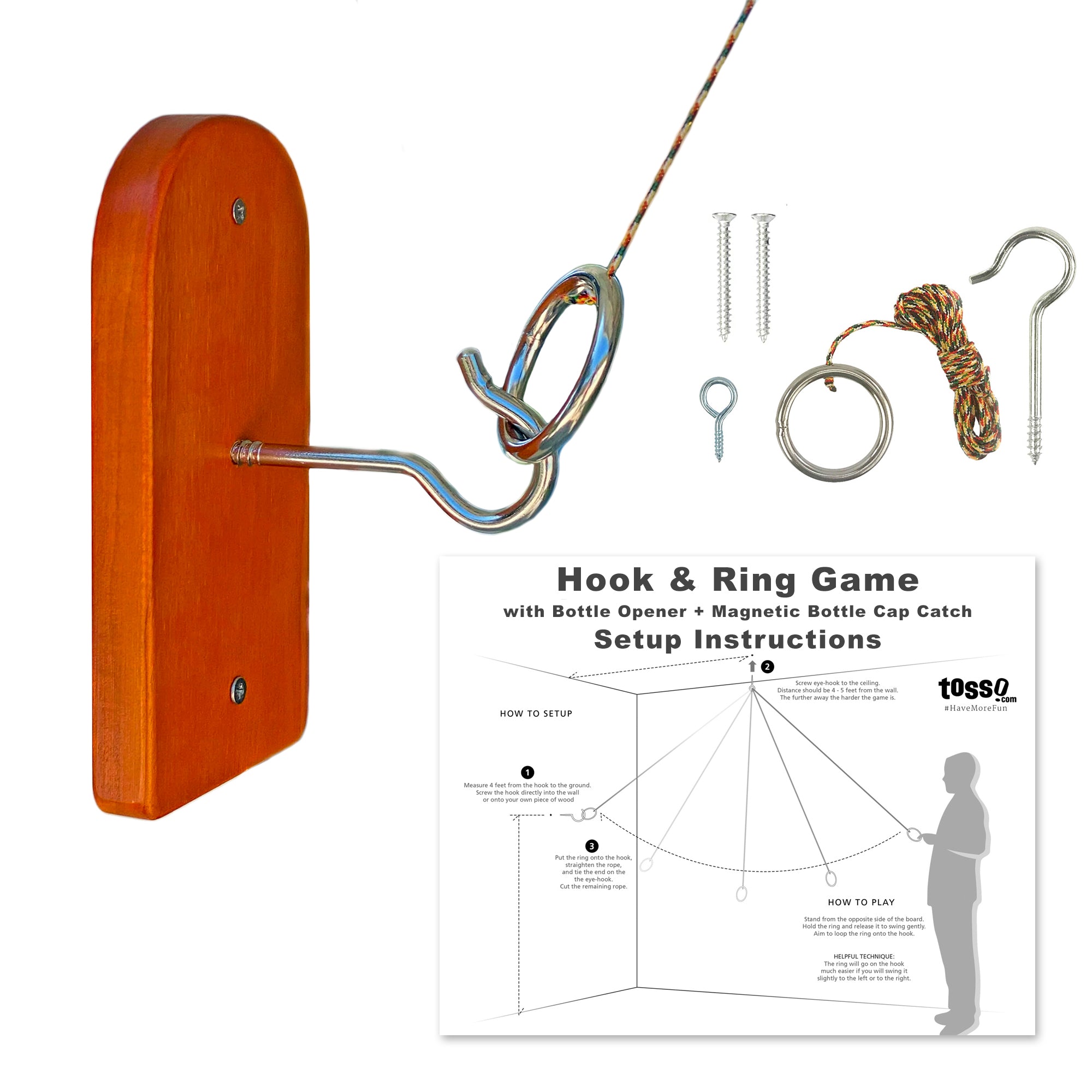 Toy Time Rope Ring Toss Game Outdoor Wood Hook/Ring Toss with Case