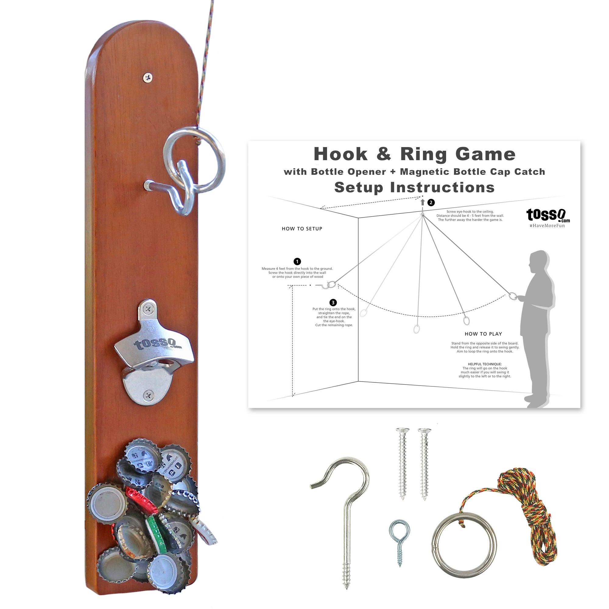 Play Platoon Hook and Ring Game with Bottle Opener and Magnetic Cap Catch -  Ring Toss Game for Adults Rustic Brown Wood